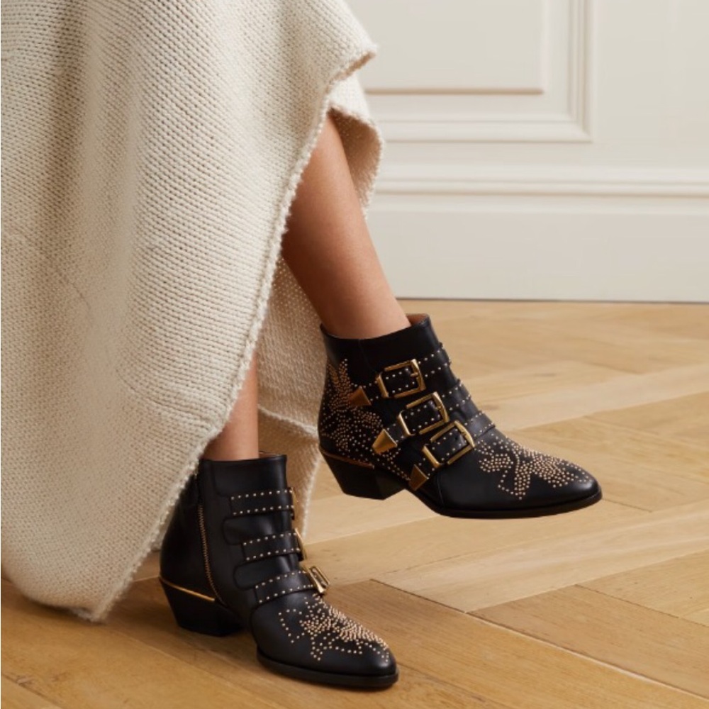 💥 CHLOE Susanna Bootie Black Leather Gold Studs Sz 36.5